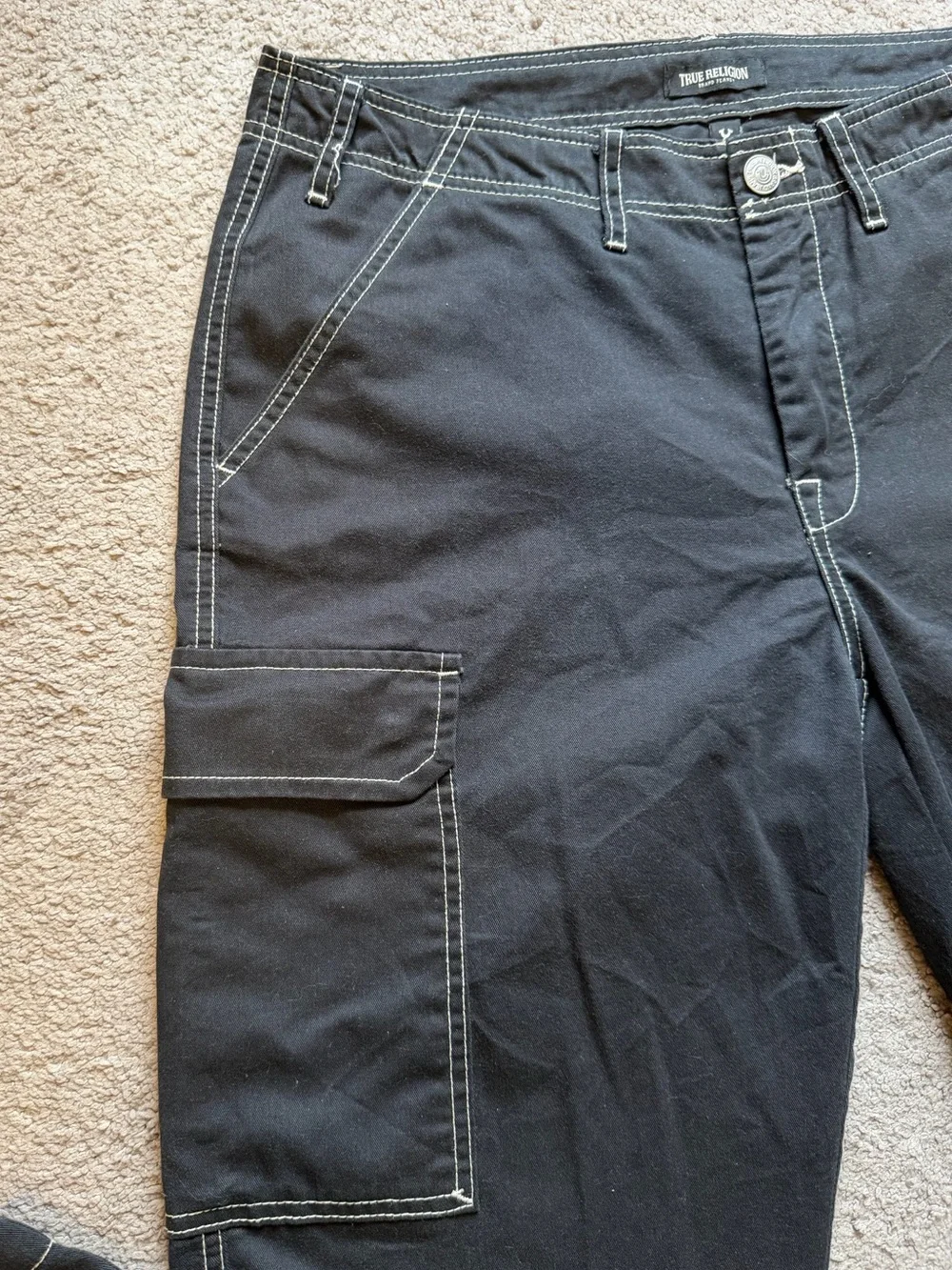 True Religion Black Men's Cargo Pants with Contrast Stitching